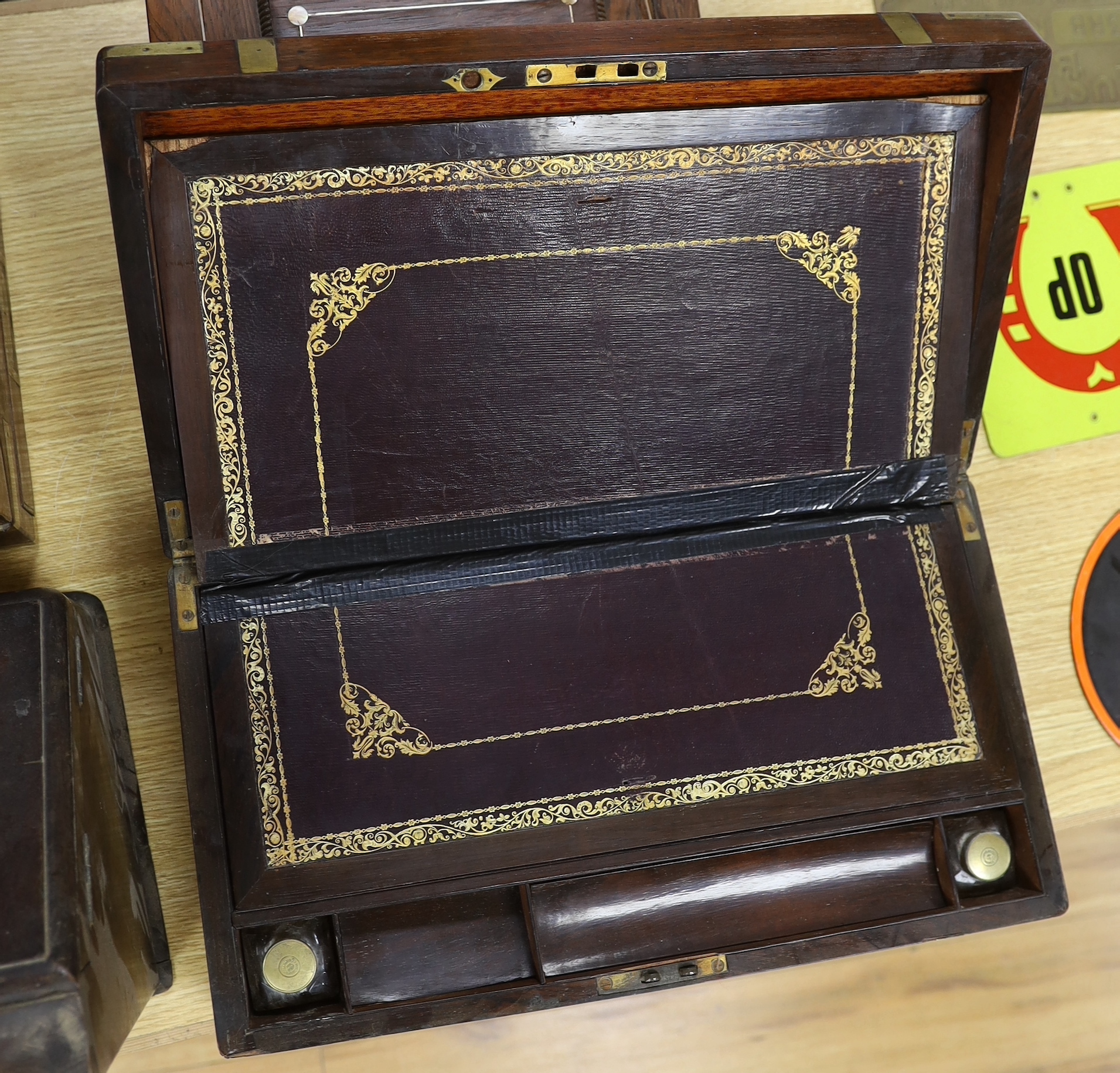 Two 19th century brass mounted writing slopes, a stationery cabinet and a work box